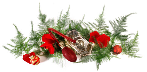 Cristmas Decoration Banner with Perfume Bootle and Rose Petals Panorama isolated on white Background