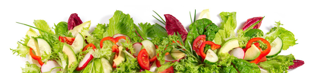 Mixed Salad with Avocado - Fresh Lettuce Panorama isolated on white Background