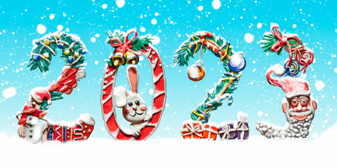 bright festive new year banner. 2023, new year elements. plasticine 3d illustration with snow