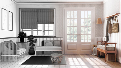 Architect interior designer concept: hand-drawn draft unfinished project that becomes real, farmhouse hallway and living room. Wooden bench, coat rack and sofa
