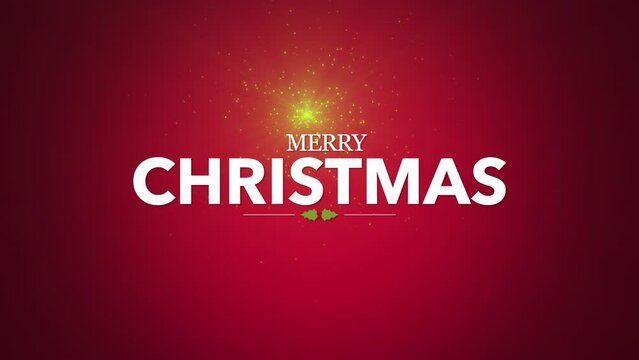Merry Christmas with green trees and gold glitters on red gradient, motion holidays and winter style background for New Year and Merry Christmas