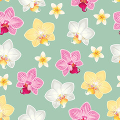Seamless pattern with orchids and plumeria flowers
