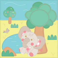 African elephant in the savannah. Vector illustration in patchwork style. Elephant sitting under baobab tree.