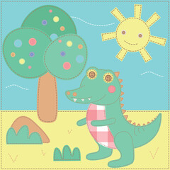 African crocodile in the savannah. Vector illustration in patchwork style. Crocodile sitting under a baobab tree.