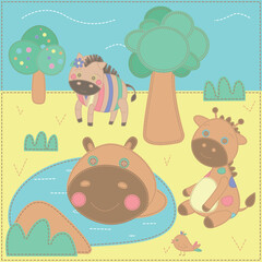 Zebra, giraffe and hippo in patchwork style. African animals in the savannah. Vector illustration in patchwork style. Exotic savanna inhabitants in an African national park. 
