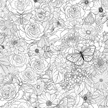 vector drawing natural seamless pattern with butterflies and flowers, black and white line, hand drawn illustration