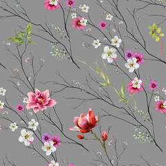 Watercolor painting of leaf and flowers, seamless pattern on gray background - 547386018
