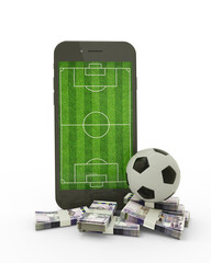 3D rendering of a mobile phone with soccer field on screen, soccer ball and stacks of Cambodian riel notes isolated on white background. © RODWORKS