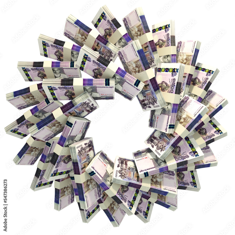 Poster 3d rendering of stacks of cambodian riel arranged in a circular pattern.