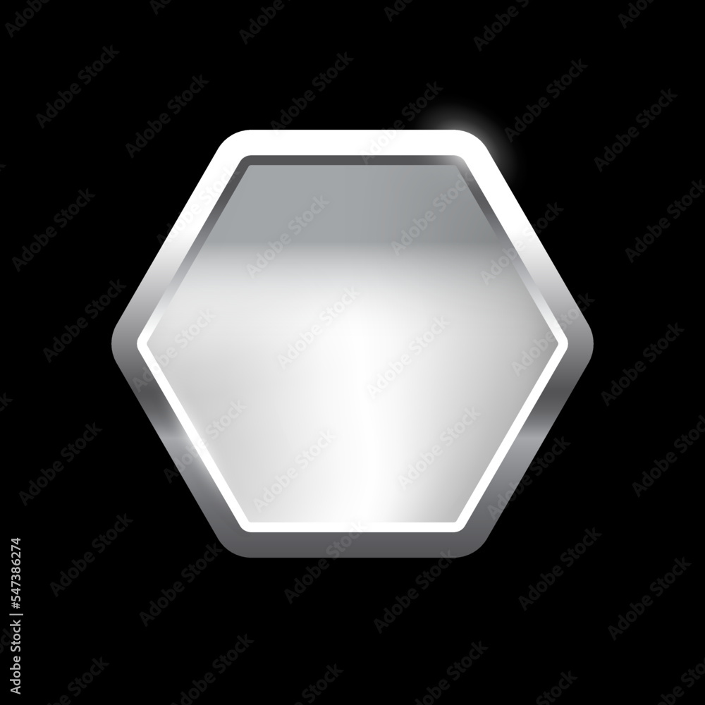 Aufkleber silver hexagon button with frame vector illustration. 3d steel glossy elegant design for empty emble