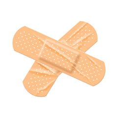 Adhesive plaster for medical skin care vector illustration. 3d realistic crumpled stickers with cross of sticky bandage for wound treatment and first aid, antibacterial beige plastic tape on white