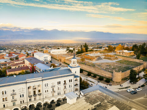 Telavi, Georgia - 6th novermber, 2022: Aerial drone panorama of Telavi old town buildings. Telavi is the main city of Kakheti province in Georgia