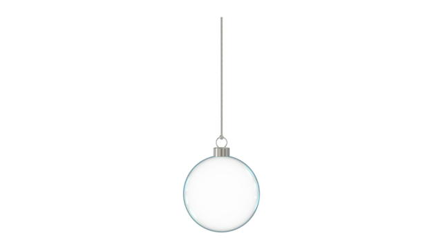 glossy transparent glass christmas ball hanging teal glow upright 3D rendering isolated silver fastening