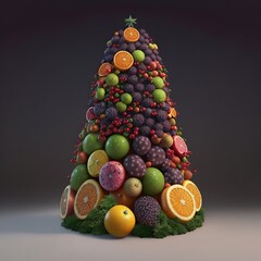 A Christmas tree made of many foods. Made by AI.