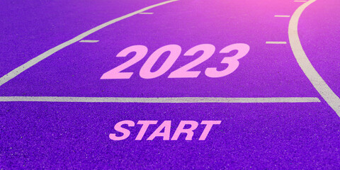 New year 2023. Words START and 2023 written on run track. The beginning of the new year. Changing...