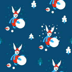 The rabbit makes a snowman surrounded by forest and snowfall. Seamless vector pattern on a blue background.