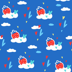 Strawberries in the clouds and colorful hearts on a blue background. Seamless vector pattern. Themes of love.