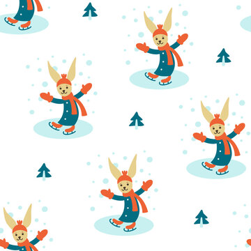 Rabbit on the rink. A cheerful rabbit is skating surrounded by forest and snowfall. Seamless vector pattern on a white background. Vector illustration