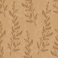Decorative plants drawn in doodle style with a brown contour line on a beige background. Stylized seamless pattern. Flat vector illustration.