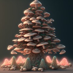 A Christmas tree made of mushrooms. Made by AI.