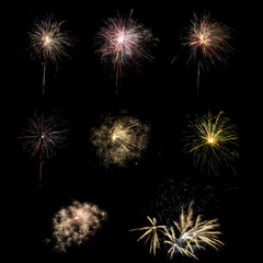 Set of bright colorful fireworks isolated on black background