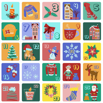 Christmas Advent calendar with hand drawn elements. Vector illustration in a flat cartoon style. Xmas poster.  Numbered poster with Christmas pictures in doodle style