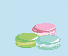 Cute multicolored macaron. Hand drawn vector illustration. Bakery illustration for café decoration, greeting card, print, art. Hand draw font of macaron
