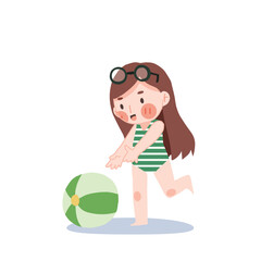 Beach summer Concept . Happy Cute kawaii girl in swimming suit sticker.