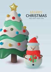 Realistic modern snow covered Christmas tree and snowman with gift. Poster, postcard for events celebrating New Year and Christmas. Vector illustration