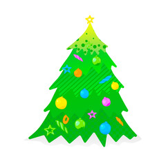 Vector illustration of Christmas tree decorated with xmas ornaments, stars, garlands isolated on white background. Merry Christmas and Happy New Year