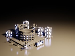 3d illustration Italy city background with Colosseum as a landmark in neon light style