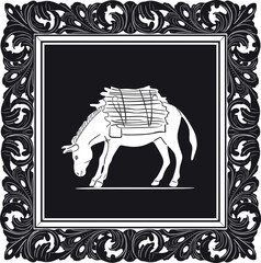 Donkey with woods and vintage frame.