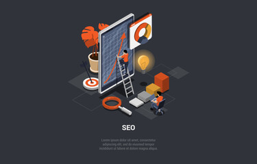 Search Engine Rank, Seo Optimization, Web Analytics and Social Media Marketing. Seo Marketing And Analytics, Online Ranking Result. People Working Near Huge Tablet. Isometric 3D Vector Illustration