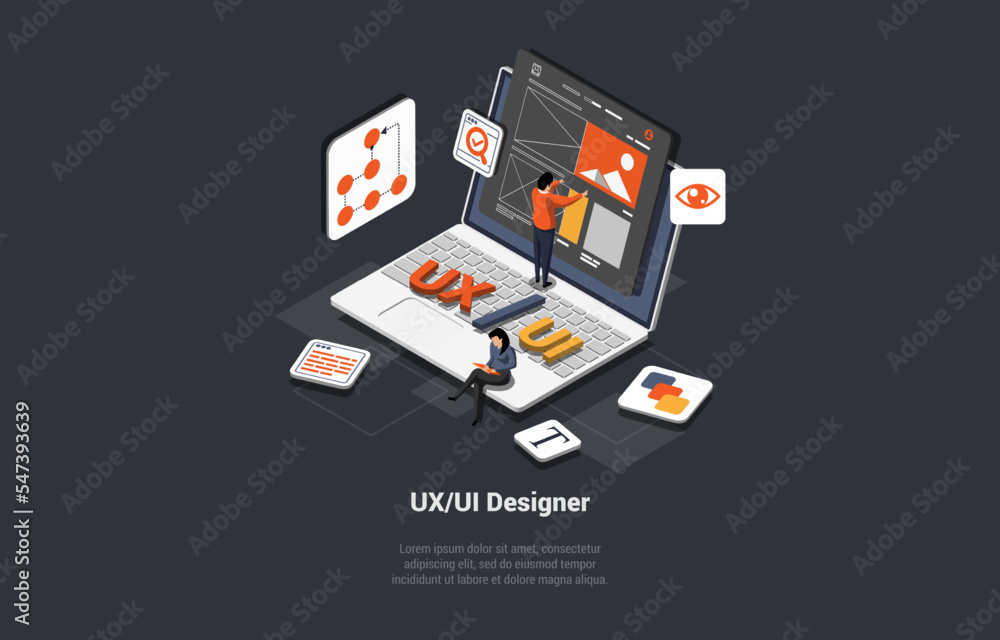 Poster ui design concept. device content place infographic. software group, kit for phone seo programming. 
