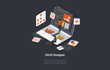 UI Design Concept. Device Content Place Infographic. Software group, kit for phone seo programming. UX, Digital Hero Creative Team Work On Wireframe Website Design. Isometric 3d Vector Illustration