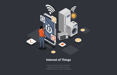 Concept Of Smart Home Technologies, Internet Of Things and Machine Interface. Man Male Character Controls the Operation of Household Appliances Using a Smartphone. Isometric 3d Vector Illustration