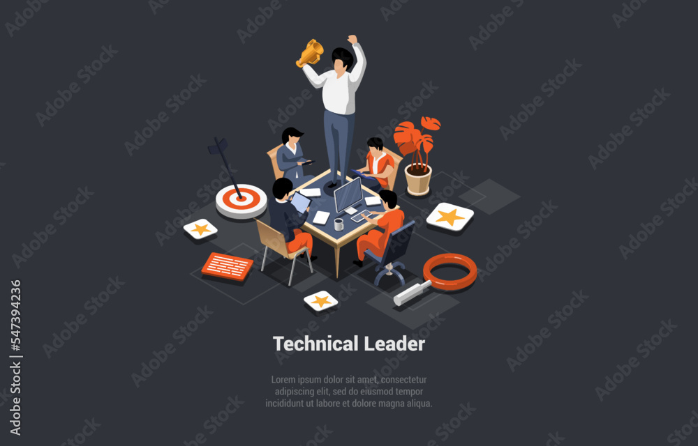 Poster concept of creative teamwork and technical leader. successful man team leader is standing on the tab