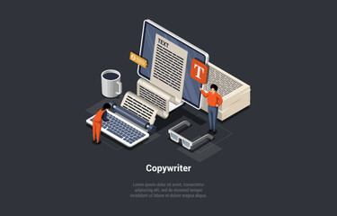 Concept Of Copywriter Job. Writer Writing on Computer Paper Sheet. Person Editor Write Electronic Text Book Or Letter, Journa. Male And Female Characters Typing Text. Isometric 3D Vector Illustration - obrazy, fototapety, plakaty