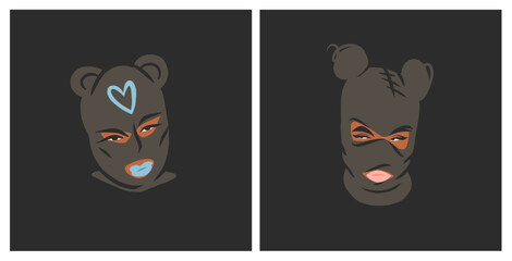 Hand drawn abstract vector graphic clipart illustrations collection set with bandit girl in balaclava.Trendy modern female design concept.Vector woman fashion portrait contemporary art.Beauty model.