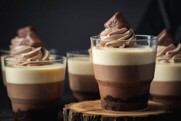 Layered dessert Trifles in a transparent glass.  Sponge biscuit and three chocolate mousse layers. Chocolate souffle trifle cake in individual disposable transparent cups. Black background