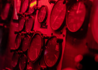 Instrument cluster in cockpit of Vietnam era helicopter