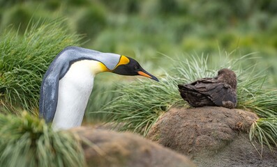 neugieriger, frecher Königspinguin Königspinguin (APTENODYTES PATAGONICUS) betrachtet ganz nah...