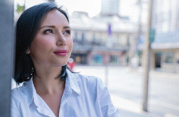 Fototapeta premium Portrait smile confident asian business designer woman white shirt office. Asian business girl Startup successful power business leader women executive people looking camera street outdoor.