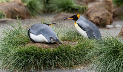 Paar aus 2 Königspinguinen (APTENODYTES PATAGONICUS) auf Süd Georgien agiert miteinander 