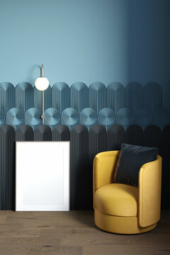 Dark blue modern interior with a blank vertical poster on the wooden floor, metal sconce on the wall with original wall panels, and orange armchair with dark blue cushion. Front view. 3d render