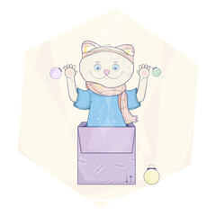 Vector colorful cat pet standing in a big box and holding some Christmas balls. New year illustration with the image of the 2023 year symbol, kitten. Winter greeting card imaging smiling cat. 