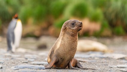 junger antarktischer Seebär / antarktische Pelzrobbe  (Arctocephalus gazella) in Südgeorgien in...