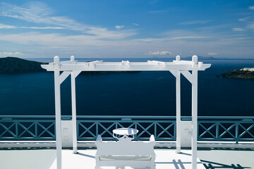 Wedding altar view to Caldera and Nea Kameni volcano in Santorini, Greece