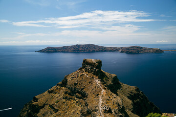 View of the bay (Caldera) and Skaros rock in Santorini, Greece