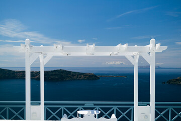 Wedding altar view to Caldera and Nea Kameni volcano
